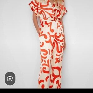 Mango Cream and Red Patterned Jumpsuit